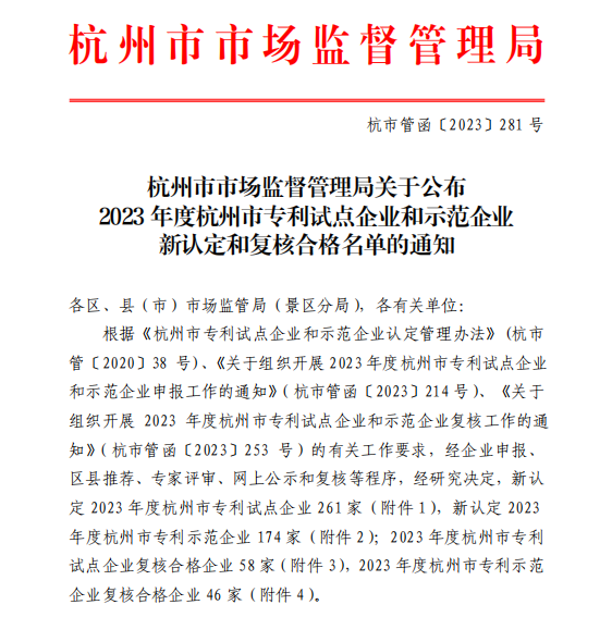 喜讯︱金鹭集团旗下子公司双双认定为杭州市专利示范企业